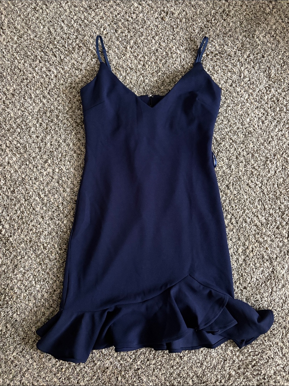 Showpo Navy Spaghetti-Strap Slip Dress with Ruffle Hem